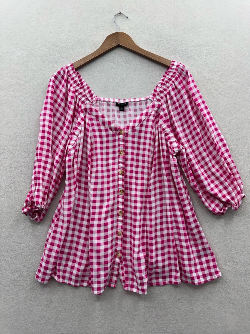 Torrid Women’s 2 (2X) Fit & Flare Button Up Top Pink Gingham 3/4 Sleeves
